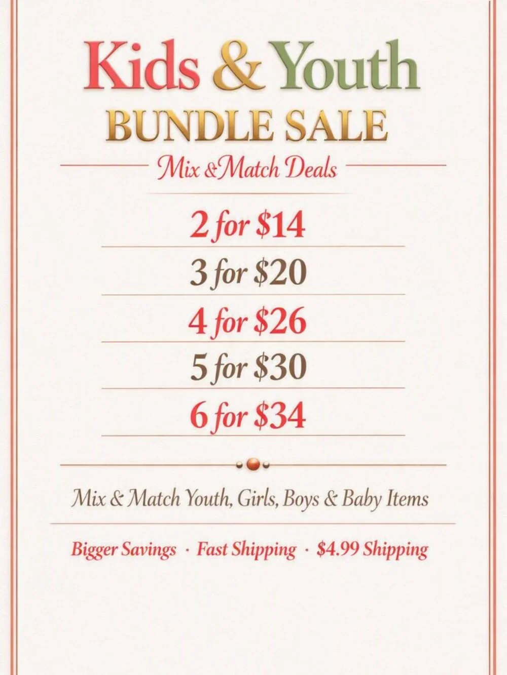 Kids & Youth Bundle Sale Mix & Match - Only $4.99 Flat Rate Shipping